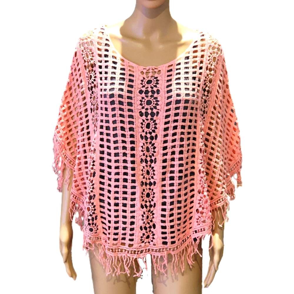 Pink Open Knit Crochet Pancho Coverup OSFM NWOT